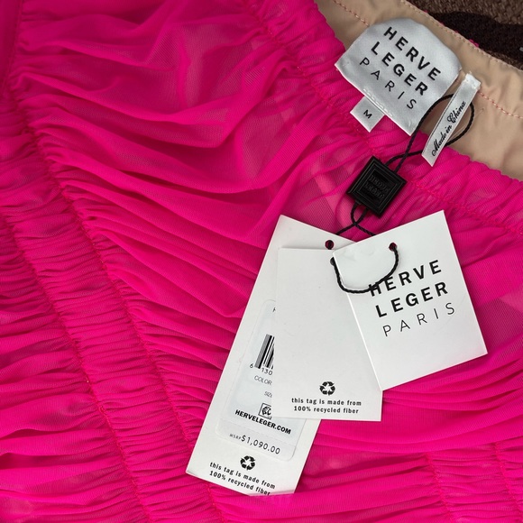 💞NWT HERVE LEGER one-shoulder draped jersey mini dress in neon Pink, size M - Picture 6 of 17